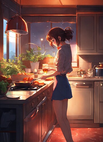 A cute anime lofi girl cooking dinner at home duri (6)