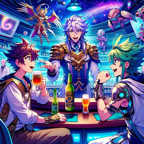DALL·E 2023-12-25 23.18.40 - Anime-style illustration of a scene in a cosmic bar featuring three main characters_ Karasa, Komori, and Caesar, all visible and central in the compos
