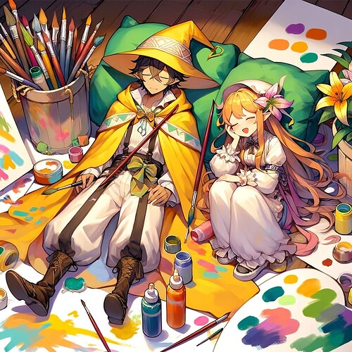 DALL·E 2024-01-20 09.02.07 - An anime-style painting of a wizard wearing a yellow cloak and hat, and a girl in a lily-shaped outfit, both exhausted from painting and sleeping soun