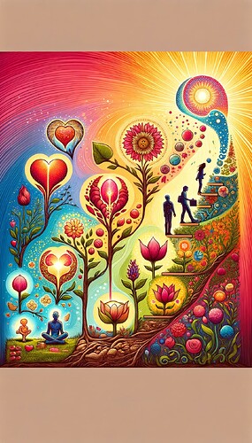 DALL·E 2024-01-04 23.18.51 - Create a detailed and colorful illustration that visualizes the concept of the development of inner love in a style similar to the example provided. T
