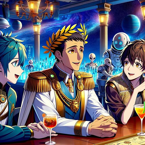 DALL·E 2023-12-25 23.20.01 - Anime-style illustration of a scene in a cosmic bar, clearly showing Caesar with a laurel wreath on his head, distinguishing him as a historical figur