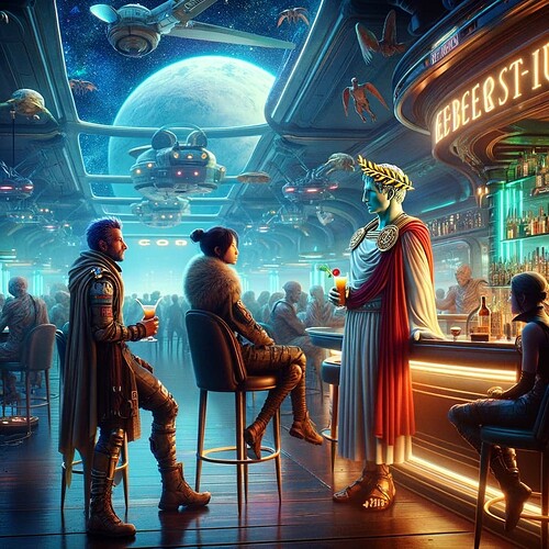 DALL·E 2023-12-25 23.22.12 - A realistic photograph-style scene in a cosmic bar where Karasa, Komori, and Caesar are engaged in conversation. Caesar is distinguished by a laurel w
