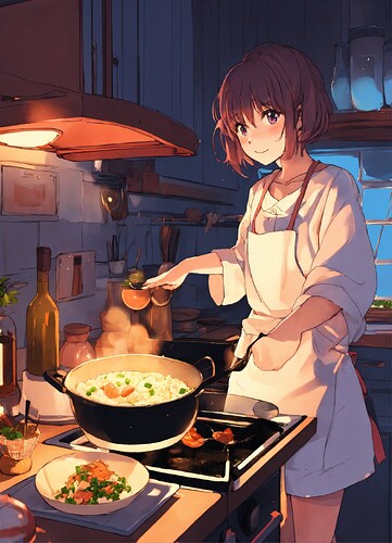 A cute anime lofi girl cooking dinner at home duri (2)