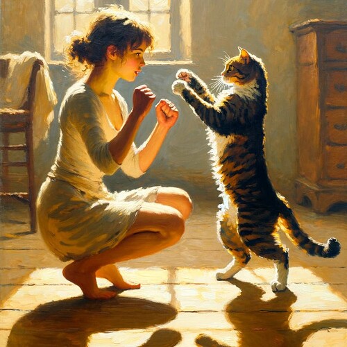 DALL·E 2024-01-29 15.54.03 - A painting depicting a cat and a woman in a playful fighting stance, with the cat having a more intense, fierce facial expression. The cat stands on i