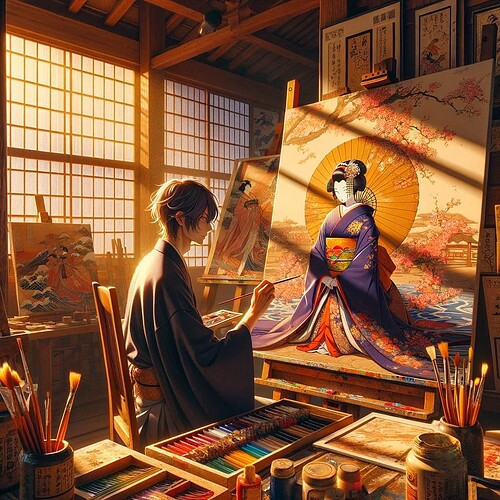 DALL·E 2024-01-21 12.10.20 - Inside a traditional artist's studio bathed in warm sunlight, a male anime-style artist with human hands is depicted crafting a detailed image on canv