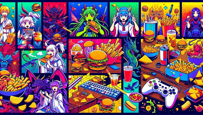 DALL·E 2024-01-04 22.48.47 - Create an anime-style vibrant schematic illustration featuring multiple sections. In each section, there should be anime characters eating different s