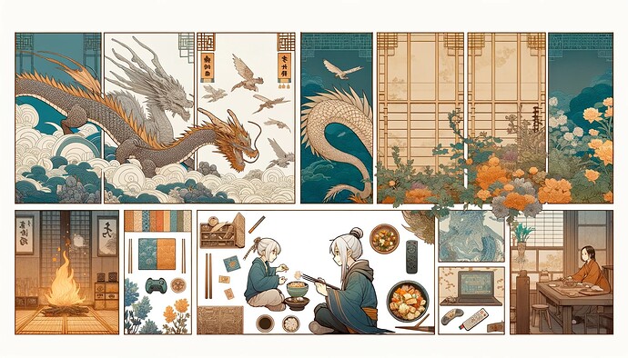 DALL·E 2024-01-04 22.49.32 - Create an expanded anime-style schematic illustration with multiple sections. Each section should contain anime characters with a soft, detailed aesth