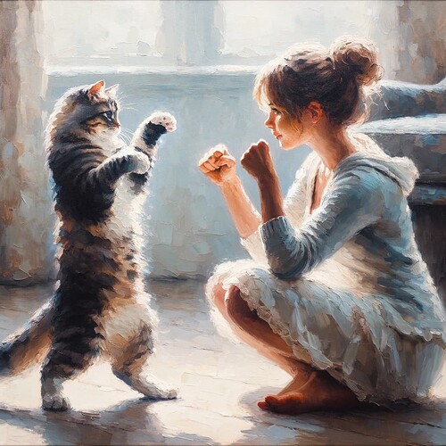 DALL·E 2024-01-29 15.53.55 - A painting of a cat and a woman, both in a playful fighting stance. The cat is on its hind legs, front paws raised as if ready to spar. The woman is c