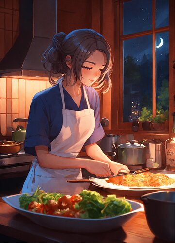 A cute anime lofi girl cooking dinner at home duri (4)