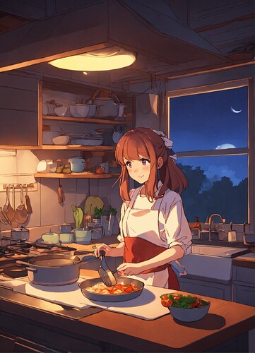 A cute anime lofi girl cooking dinner at home duri
