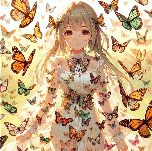 DALL·E 2024-02-03 12.12.21 - An anime-style character stands amidst a swarm of vibrant, delicately detailed butterflies. The character has a serene expression, with large, express