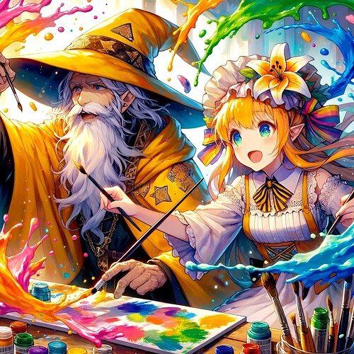 DALL·E 2024-01-20 08.59.55 - An anime-style painting of a wizard wearing a yellow cloak and hat, and a girl in a lily-shaped outfit, both enthusiastically painting together. The s