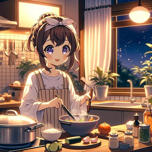 DALL·E 2023-12-27 22.01.58 - A cute anime-style lofi girl cooking dinner at home during the night. The scene is cozy and warmly lit, emphasizing a homely atmosphere. The girl has