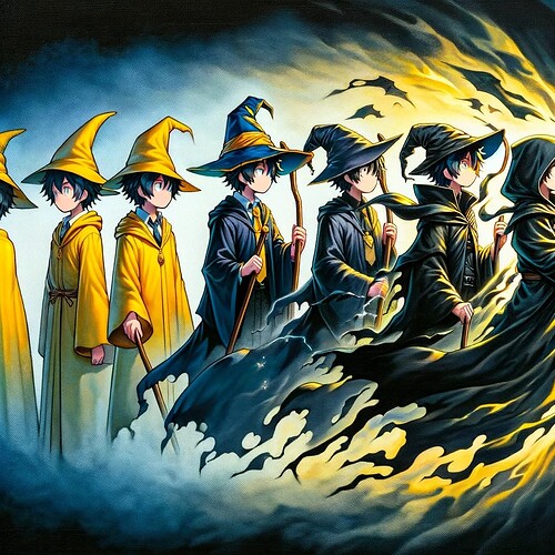 DALL·E 2024-01-20 09.25.53 - An anime-style painting depicting a wizard undergoing a metamorphosis transformation, shifting from wearing a yellow cloak and hat to being dressed in