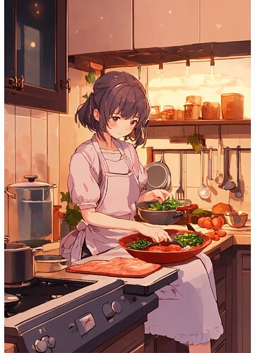 A cute anime lofi girl cooking dinner at home duri (1)