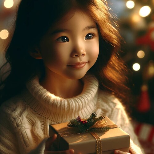 DALL·E 2024-01-02 13.31.28 - A realistic portrait of a small girl on Christmas, receiving a gift. She is glowing with subtle happiness, her emotions shining through without being