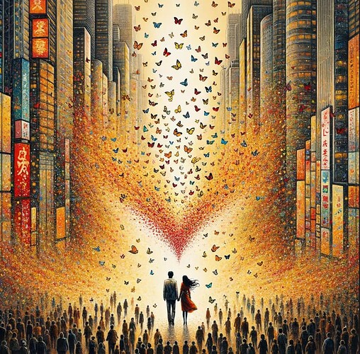 DALL·E 2024-02-03 12.21.35 - An anime painting that zooms in on two people in the heart of a noisy city. Around them is a sea of apathetic individuals, but close to the couple, th