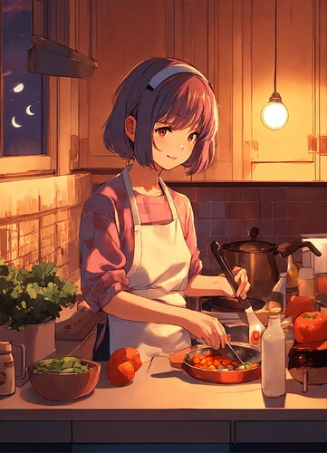 A cute anime lofi girl cooking dinner at home duri (3)