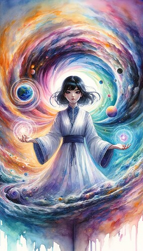 DALL·E 2024-01-25 21.15.07 - A full-body portrait of an Asian girl in a modest dress with dark hair and piercing eyes. She stands at the center of a swirling universe, extending h