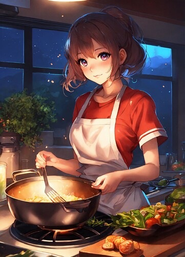 A cute anime lofi girl cooking dinner at home duri (7)