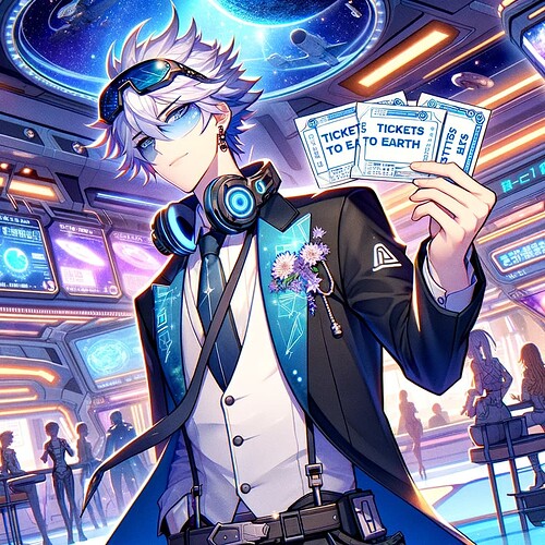 DALL·E 2023-12-25 23.21.54 - Anime-style illustration of a charismatic advertising agent holding tickets to Earth, in a cosmic setting. The agent is stylish and futuristic, with a