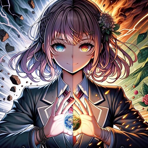 DALL·E 2024-01-25 21.09.36 - In a detailed anime style, create an image of a girl who with one hand is destroying the world, and with the other is creating it. In her eyes, there