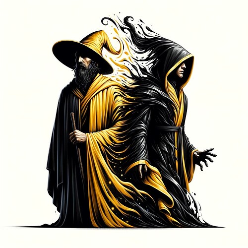DALL·E 2024-01-20 09.22.30 - A wizard in the process of transforming from wearing a yellow cloak and hat to a black robe with a hood. The image depicts the wizard midway through t