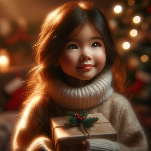 DALL·E 2024-01-02 13.31.27 - A realistic portrait of a small girl on Christmas, receiving a gift. She is glowing with subtle happiness, her emotions shining through without being