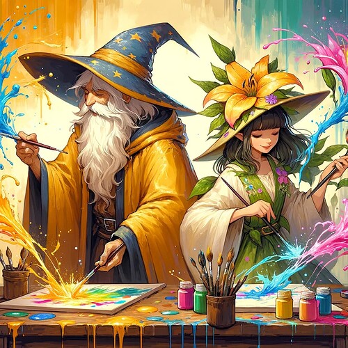 DALL·E 2024-01-20 09.00.02 - A wizard wearing a yellow cloak and hat, and a girl in a lily-shaped outfit, both enthusiastically painting together. Their creativity is so intense t