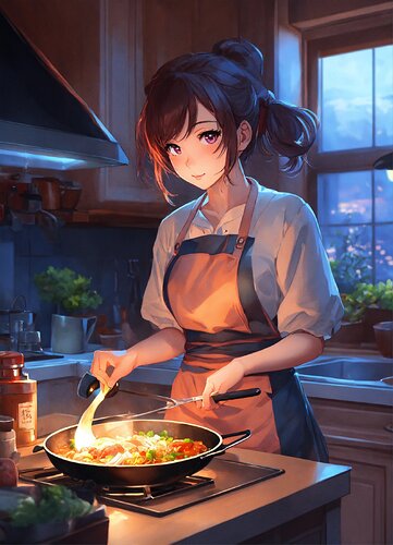 A cute anime lofi girl cooking dinner at home duri (5)