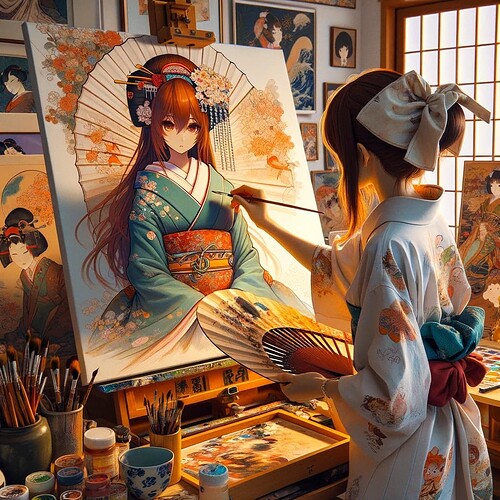 DALL·E 2024-01-21 12.10.26 - Inside a cozy artist's studio, an anime-style artist with human hands is depicted painting an image on canvas, using the style and color palette of th
