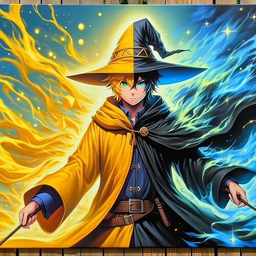 DALL·E 2024-01-20 09.24.16 - A painting in anime style depicting a wizard transforming from wearing a yellow cloak and hat to a black robe with a hood. The transformation is portr